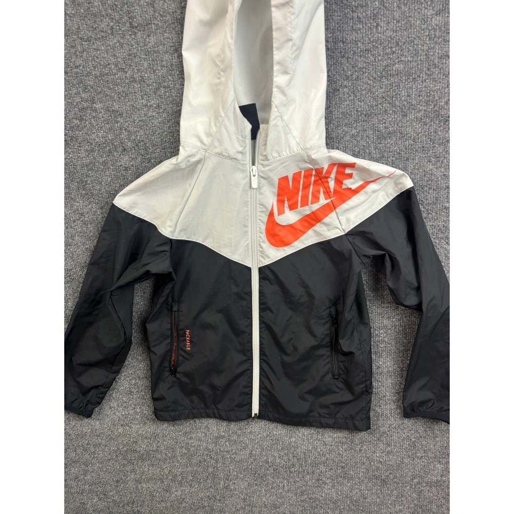 Nike Windbreaker Jacket Kids XS White Black Orange Packable Hooded Zip Up